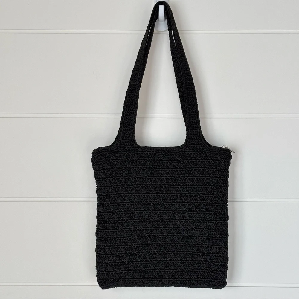 The Sak Black Crochet Knit Handbag Satchel Tote Bag